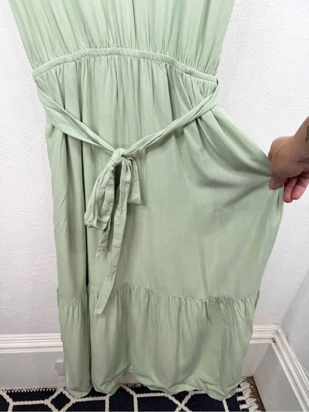 Lucky Brand Midi Dress Womens Size S Smoke Green Flutter Sleeve Tie Waist